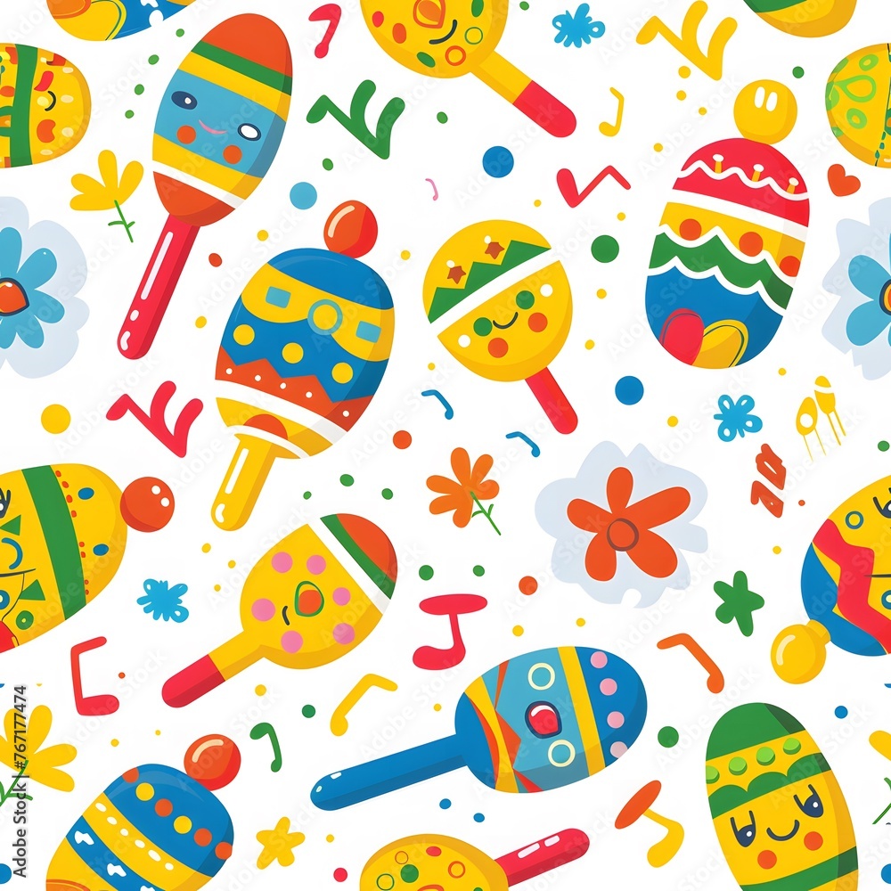 Cute maracas, colorful cartoon pattern, white background, seamless pattern