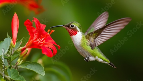 Hummingbird green crowned brilliant flying next to beautiful red flower photo
