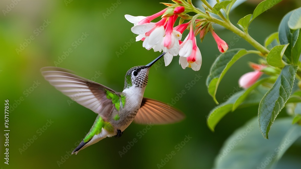 Fototapeta premium Hummingbird hovers gracefully under a butterfly bush with flowers