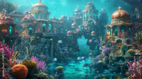 An underwater kingdom , with coral palaces adorned with precious gems and pearls, and schools of vibrant fish swimming through the crystal-clear waters.