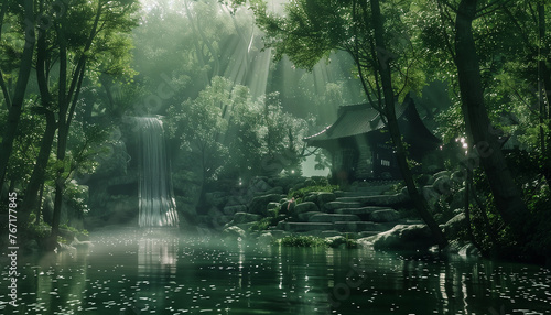Tranquil Zen Garden with Waterfall and Traditional Pavilion, Mystical Forest Ambiance