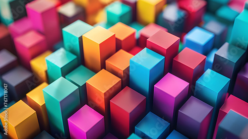 isometric pattern of colorful geometric shapes of mini 3d blocks  mulitple layers deep  stacked  octane render