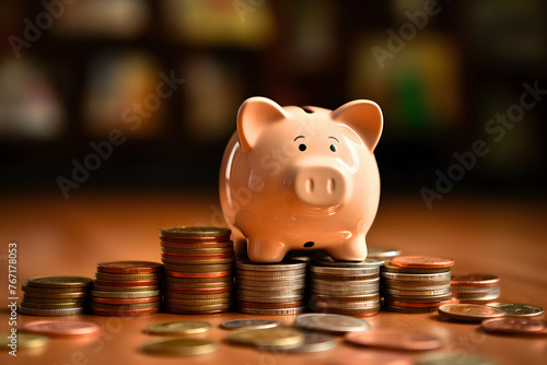 A Piggy bank with a pilie of coins and bank notes. Financial Concept photo