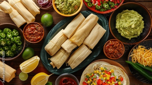 A Wooden Table With A Variety Of Mexican Dishes, A Plate Filled With Tamles In The Center, Top View