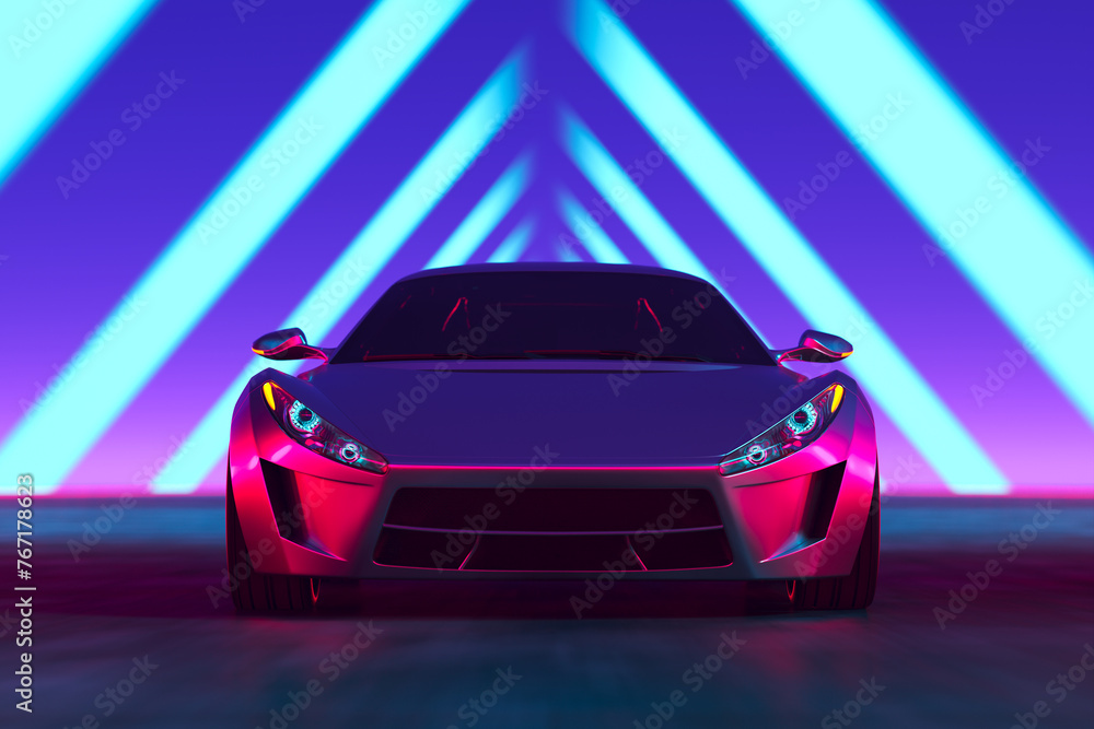 Sleek Futuristic Sports Car Bathed in Vibrant Neon Lights in the City at Night - obrazy, fototapety, plakaty 