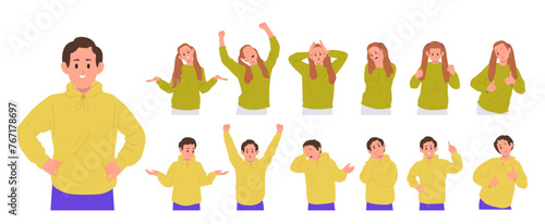 Preteen boy and girl children cartoon characters having different emotion and expression big set