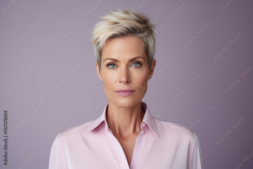 Portrait of a beautiful middle aged businesswoman with short blonde hair, wearing pink shirt. Portrait of a beautiful middle aged businesswoman with short blonde hair, wearing pink shirt.