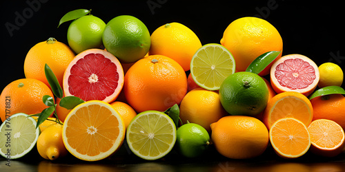 Top view of citrus fruits as tangerine lime and others on black surface