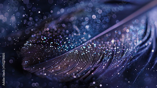 A closeup of the texture and pattern on an elegant feather, with delicate feathers illuminated by sparkling lights against deep indigo hues. The background is a starry night sky, creating a dreamy atm