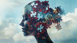 representation of psychotherapy concepts, featuring a human head silhouette fused with a jigsaw puzzle motif, conveying the intricate process of unraveling mental health