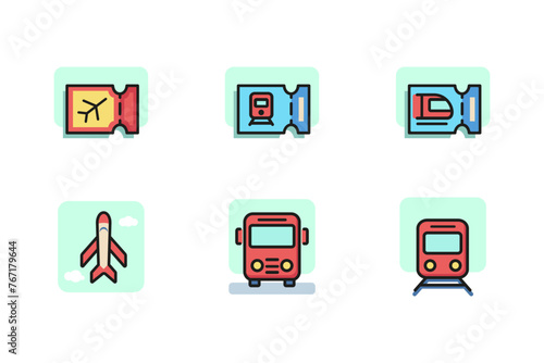 Various transport and tickets line icon set. Airplane, bus, train and tickets. Transportation concept. Can be used for topics like transport, travel, road signs