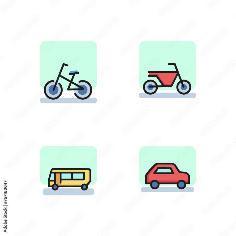 Transport line icon set. Car, bus, bicycle, motorcycle. Vehicles concept. Can be used for topics like transportation, travel, road signs Transport line icon set. Car, bus, bicycle, motorcycle. Vehicles concept. Can be used for topics like transportation, travel, road signs