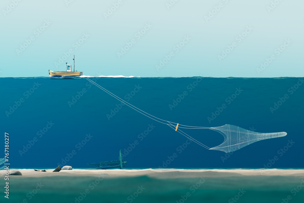 Serene Oceanic View: Solitary Fishing Boat Towing an Immense Net at Sea