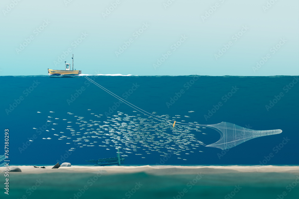 Serene Dawn: Small Yellow Fishing Boat Casting Nets in the Vast Blue Ocean