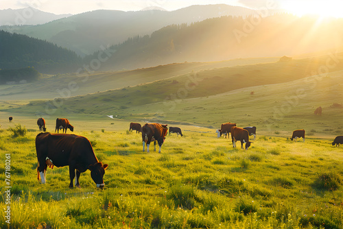 Wallpaper Mural Herd of red and white cows at summer green field. Farm concept end ecologic products. Eco-friendly dairy products Torontodigital.ca