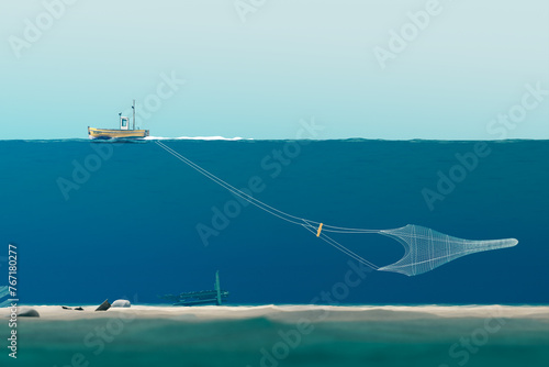 Obraz na płótnie Serene Oceanic View: Solitary Fishing Boat Towing an Immense Net at Sea w salonie