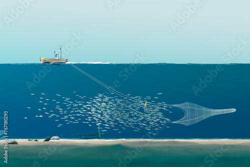 Obraz na płótnie Serene Dawn: Small Yellow Fishing Boat Casting Nets in the Vast Blue Ocean w salonie