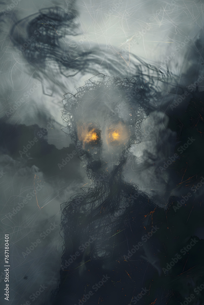 Fototapeta premium Ghostly Figure Amidst Vapor, Shadowy Presence in Fog, 