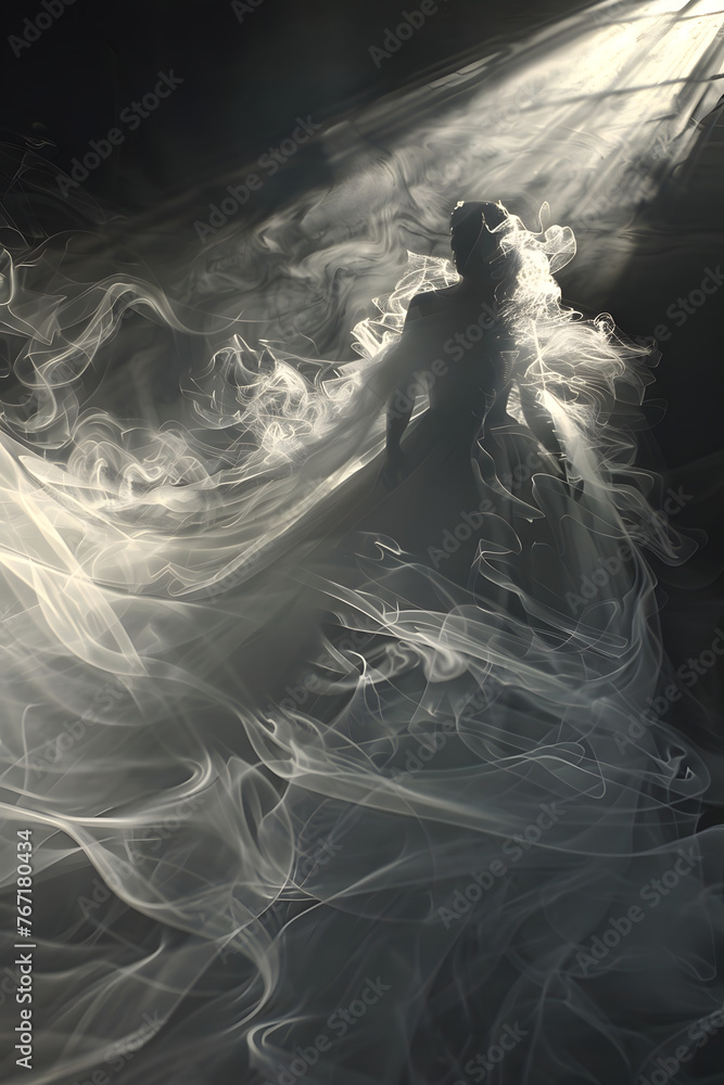 Ghostly Figure Amidst Vapor, Shadowy Presence in Fog, Ghostly Figure Amidst Vapor, Shadowy Presence in Fog,
