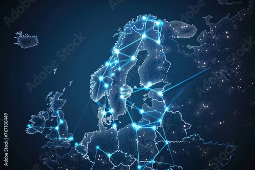 Abstract digital map of Scandinavia, Northern Europe global network connectivity concept