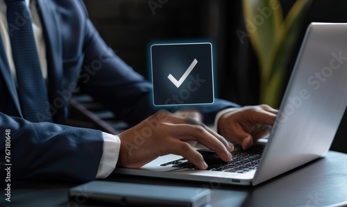 Checklist concept. Businessman using a laptop. Checking marks on checkboxes.
