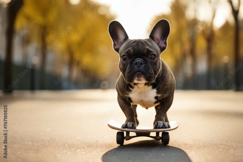 A French Bulldog in a city park, skateboarding alongside its owner, showing off its playful and adventurous side