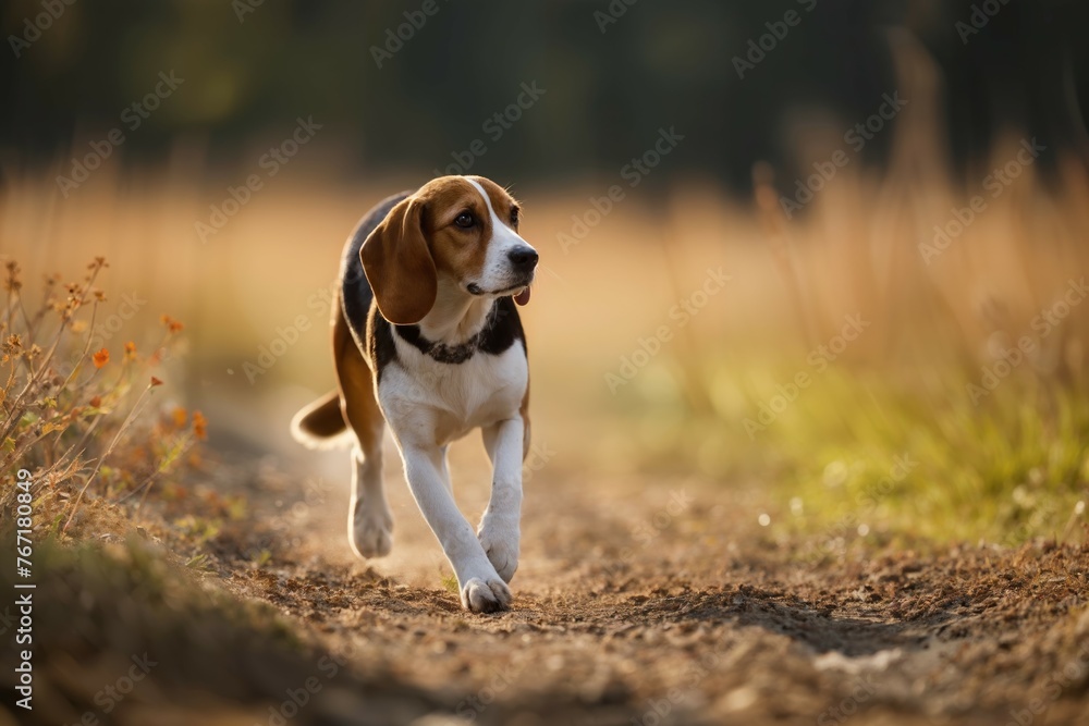 A Beagle sniffing autumn leaves on a forest trail, capturing the essence of exploration A Beagle sniffing autumn leaves on a forest trail, capturing the essence of exploration
