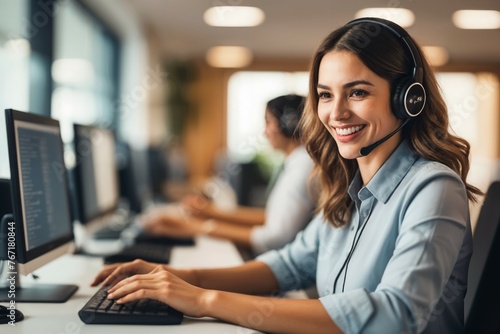 Smiling businesswoman in a call center, providing customer support with a headset, talking on the phone photo