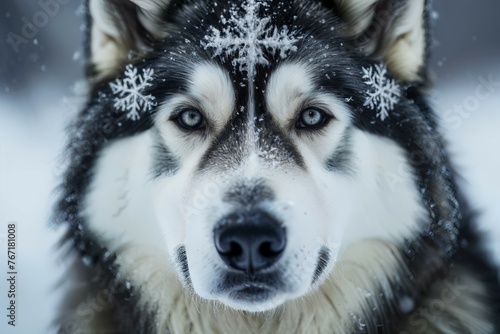 Close-up of an Alaskan Malamute's face, with snowflakes clinging to its fur