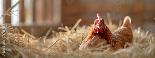 Red chicken sitting on the hay. Banner with copy space. Farm and agriculture concept. Organic products.