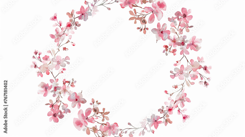 watercolor pink floral wreath with space in the middle, white background, in the style of blank