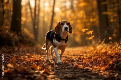A Beagle sniffing autumn leaves on a forest trail, capturing the essence of exploration