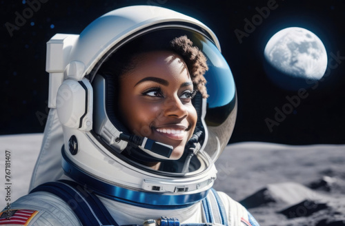 Portrait of black woman astronaut in outer space. The face of a smiling young woman in spacesuit against the surface of the moon.