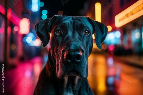 Nighttime portrait of a Great Dane in an urban setting, neon lights reflecting in its eyes