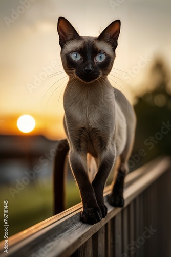 A sleek Siamese cat gracefully balancing on a narrow fence, twilight setting © fourtakig