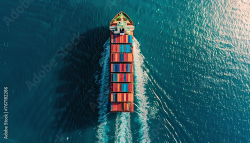 container ship sailing in the ocean top view © Oleksiy