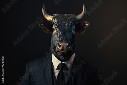 Portrait of a man in a suit with the head of a horned bull isolated on a dark background with space for text or inscriptions, stock or cryptocurrency bullish market theme 