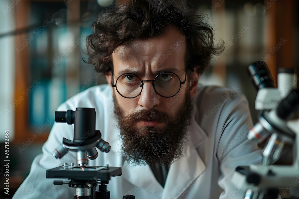 Serious and Intensely Focused Scientist Conducting Research. Concept Researching Lab, Scientist at Work, Intense Focus, Serious Study, Professional Investigator Serious and Intensely Focused Scientist Conducting Research. Concept Researching Lab, Scientist at Work, Intense Focus, Serious Study, Professional Investigator