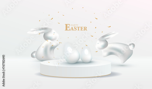 Happy Easter with display podium with bunny silver background. Stage with holiday milk eggs and confetti. Studio with white 3d rabbits backdrop. Modern creative vector illustration.