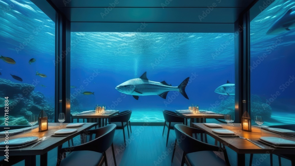 Underwater restaurant. A restaurant with a large shark tank in the middle of the room. The shark is swimming in the tank and there are several fish swimming around it. The restaurant has a modern
