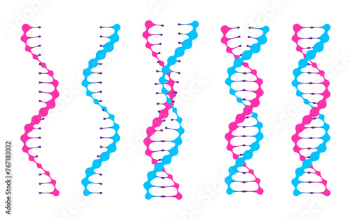 Ribonucleic helix connect to dna spiral. Gene mutation and protein test icon set. Dna molecule model double sequence chain of dots. Cloning and genetic modification technology symbol