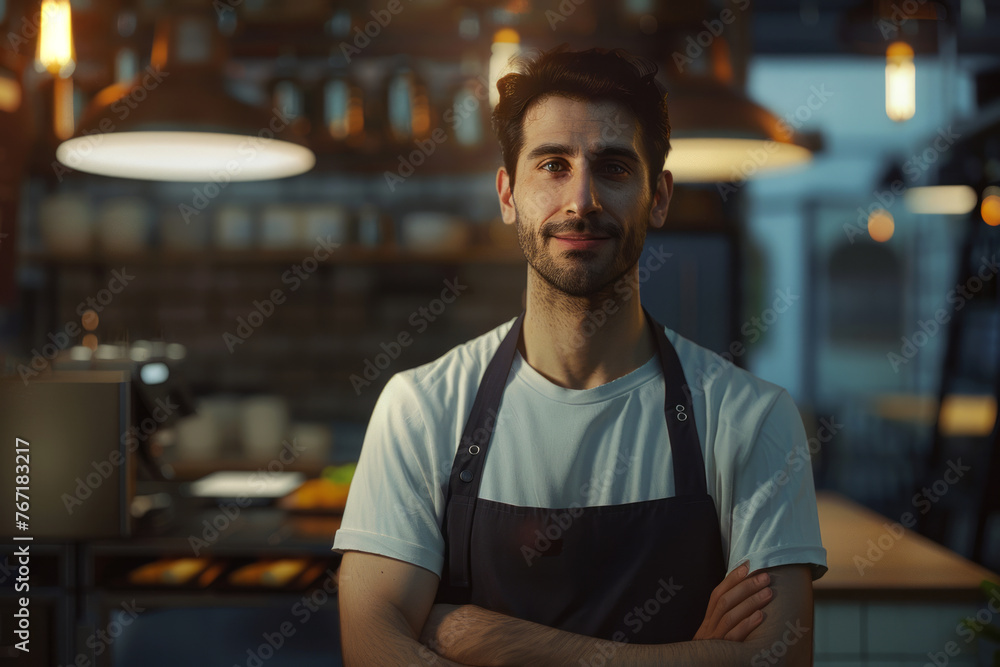 Portrait of a young cafe worker in an apron against the background of a blurry cafe or bar, directly to the cameras
Portrait of a young cafe worker in an apron against the background of a blurry cafe or bar, directly to the cameras