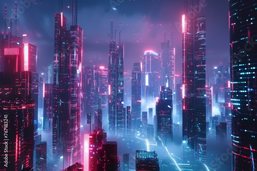 Futuristic neon city skyline at night, cyberpunk or science fiction concept