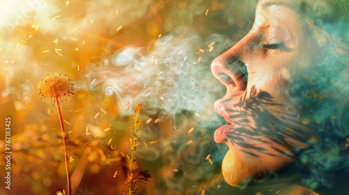girl with closed eyes, smoke from her mouth, against the background of plants, field of dandelions, allergies to flowering, empty space for background photo