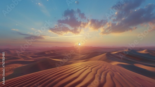 A vast desert landscape  where towering sand dunes stretch to the horizon  illuminated by the warm glow of a setting sun  casting long shadows across the rippling sands.  