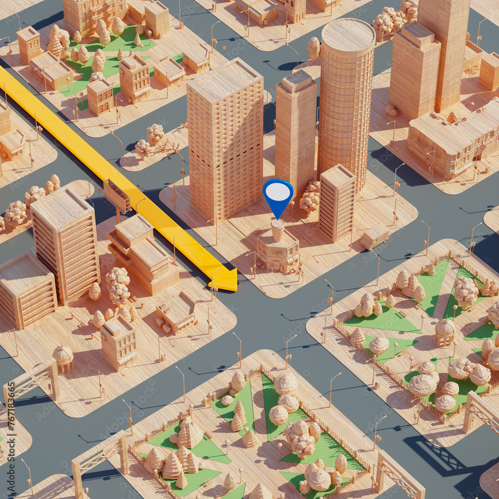 Intricately Crafted Isometric Wooden City Model with Central Location Marker