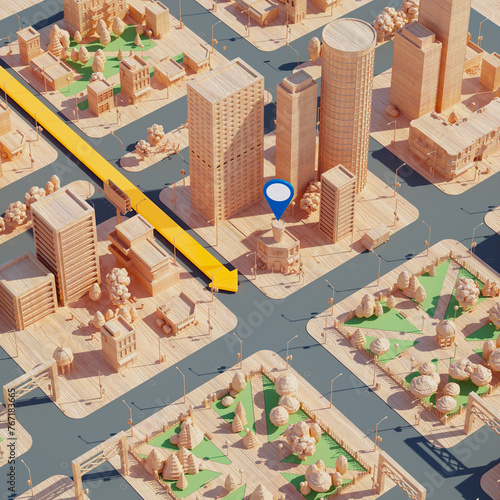 Obraz na płótnie Intricately Crafted Isometric Wooden City Model with Central Location Marker w salonie