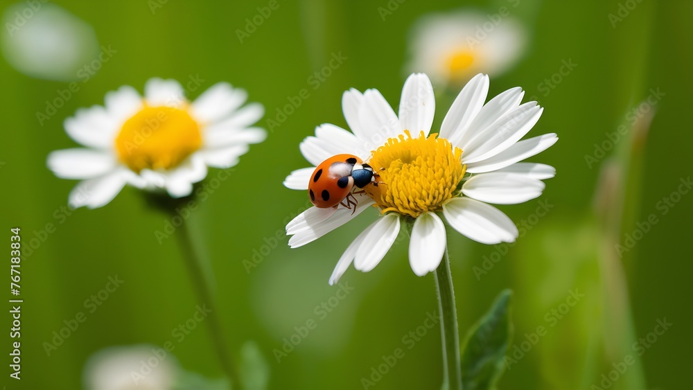 Ladybug on chamomile flower in beautiful meadow, evoking harmony Ladybug on chamomile flower in beautiful meadow, evoking harmony