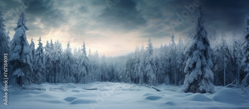 A frozen natural landscape with snowcovered trees under a cloudy sky, creating a serene atmosphere. The horizon blends into the snowy horizon © AkuAku