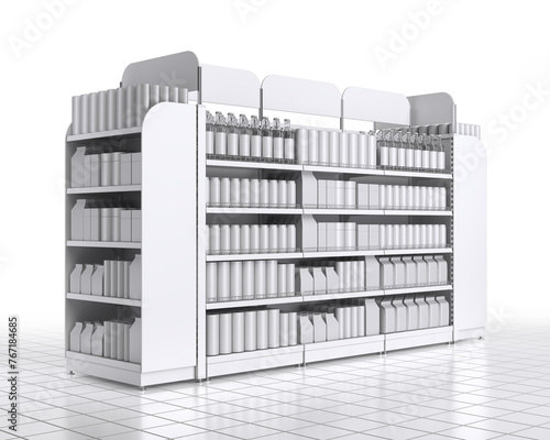 Retail shelf racks with blank products, design template for mockup. 3d illustration